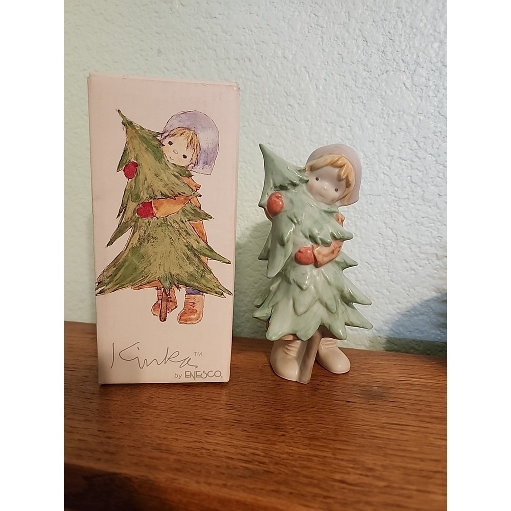 Vtg 89‎ Christmas Enesco Kinka Girl & Christmas Tree Figurine 6" Tall Porcelain